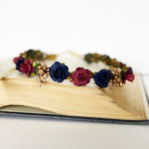 Handcrafted Navy Wedding Hair Gold Flower Crown, Burgundy Bridesmaid Floral Crown, Wine Flower Girl Headband, Romantic Dark Blue Hair Wreath