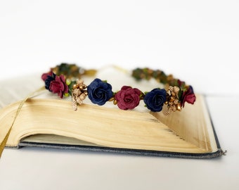 Handcrafted Navy Wedding Hair Gold Flower Crown, Burgundy Bridesmaid Floral Crown, Wine Flower Girl Headband, Romantic Dark Blue Hair Wreath