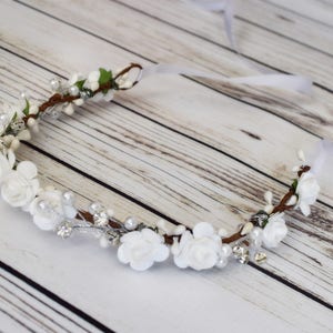 Handcrafted Small White Rose Flower Girl Crown, Pearl Bridal Tiara, Floral Wedding Hair Wreath, Crystal Headband, Vintage First Communion image 4