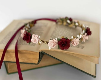 Handcrafted Burgundy Gold and Blush Flower Crown, Rustic Bridal Floral Wreath, Small Wedding Hair Accessory, Pink Flower Girl Crown Circlet