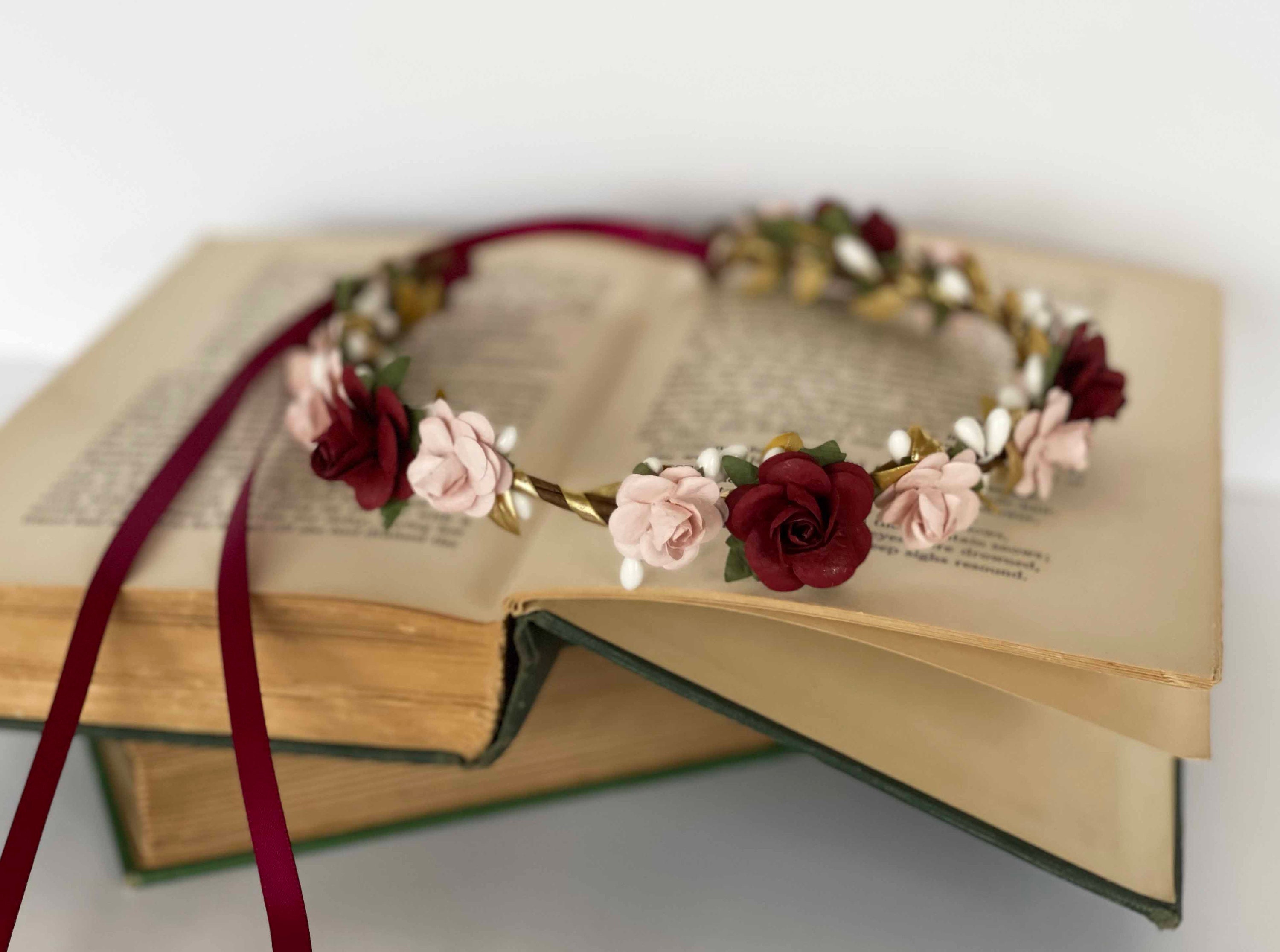 Handcrafted Burgundy Gold and Blush Flower Crown Handcrafted Burgundy Gold and Blush Flower Crown