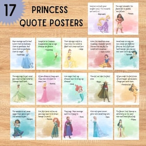 Citas de películas de princesas - 17 personajes - Favoritos de los niños - Decoración del dormitorio de la niña - Carteles positivos en el aula - Letreros imprimibles - Sala de juegos