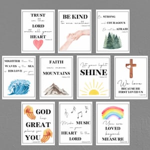 10 carteles de versículos bíblicos para niños - Escritura en acuarela - Decoración de la escuela dominical - Signos imprimibles de la Biblia - Aula cristiana - Guardería