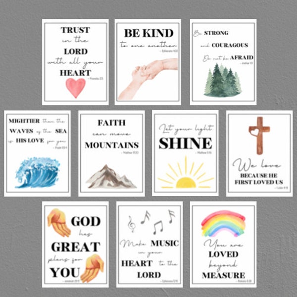 10 carteles de versículos bíblicos para niños - Escritura en acuarela - Decoración de la escuela dominical - Signos imprimibles de la Biblia - Aula cristiana - Guardería