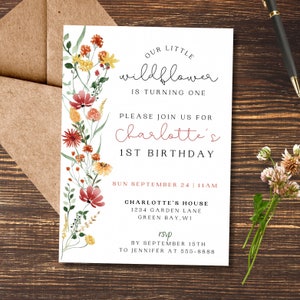 Editable Wildflower Birthday Invitation - Digital Invite - Floral Birthday Template - 1st Birthday - Flowers - Turning 1 - Wildflower Theme