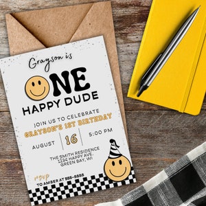 Editable One Happy Dude Birthday Invitation - Digital Invite - Smiley Face Birthday Template - 1st Birthday - Turning 1 - Happy Dude Theme