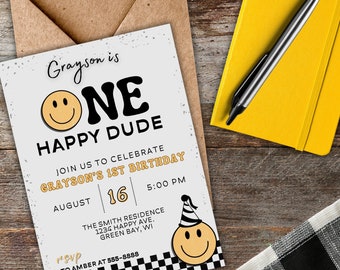 Editable One Happy Dude Birthday Invitation - Digital Invite - Smiley Face Birthday Template - 1st Birthday - Turning 1 - Happy Dude Theme