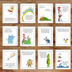 12 carteles del Dr. Seuss - Aula de libros de cuentos para niños - Decoración de la biblioteca - Carteles de la sala de juegos - Letreros imprimibles - Citas inspiradoras - De moda