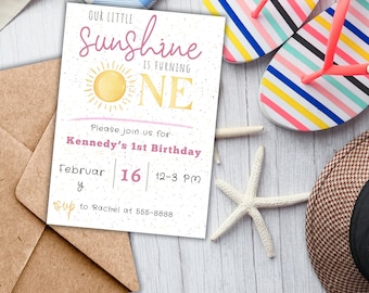 Little Sunshine Birthday Invitation - Around the Sun - 1st Birthday Party Invite - Girl Birthday - Sunny Party Theme