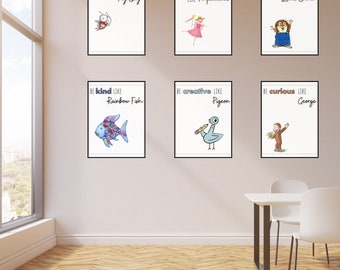 Afirmaciones de personajes digitales - 40 personajes de libros - Aula de libros de cuentos para niños - Decoración de la biblioteca - Carteles del aula - Letreros imprimibles