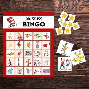 Dr. Seuss BINGO - 40 personnages Dr. Seuss - Lisez à travers l'Amérique - Classe de livres de contes pour enfants - Bingo à histoires à imprimer - Activité numérique