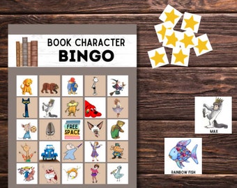 本のキャラクター ビンゴ - 40 のキャラクター - 子ども向けストーリーブック教室 - 図書館ゲーム - 教室アクティビティ - 印刷可能なストーリー ビンゴ