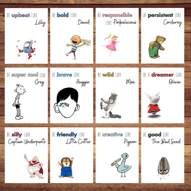 Op de afbeelding: Een set van 12 kleurrijke kaarten met illustraties van personages uit populaire kinderboeken. Elke kaart heeft een positieve karaktereigenschap, zoals 'upbeat', 'moedig', 'verantwoordelijk', 'volhardend', 'super cool', 'moedig', 'wild', 'dromer', 'dom', 'vriendelijk', 'creatief' en 'goed'. De kaarten bevatten ook de namen van de personages en de boeken waar ze vandaan komen.
