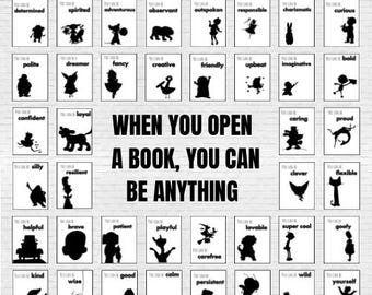 Digital Book Character Silhouettes- 40 Book Characters - Children’s Storybook Classroom - Affirmation Posters - Printable Signs