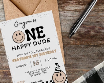 Editable Neutral One Happy Dude Birthday Invitation - Digital Invite - Smiley Face Birthday Template - 1st Birthday - Happy Dude Theme
