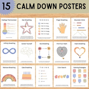 Calm Down Poster – 15 Achtsamkeit Zeichen – Calm Down Corner – Klassenzimmer Deko – ASD ADHD – Atemtechniken – Zurücksetzen von Aktivitäten – Lehrer