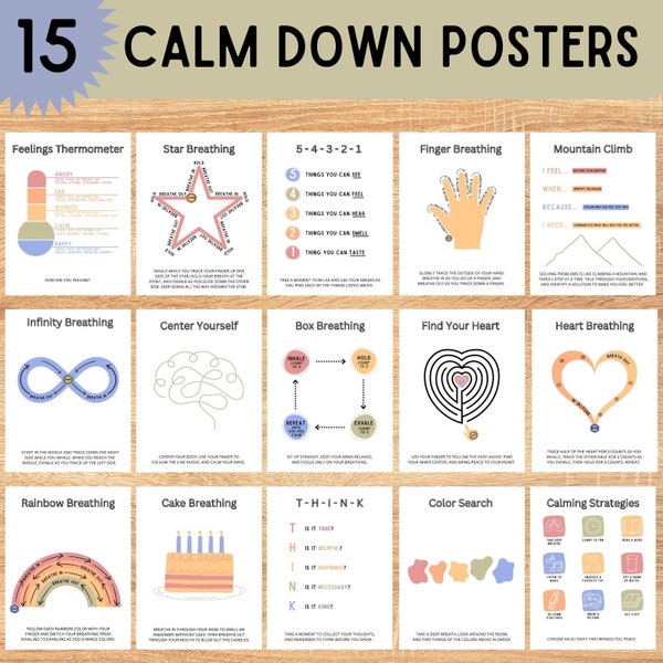 Calm Down Posters - 15 Mindfulness Signs - Calm Down Corner - Classroom Decor - ASD ADHD - Breathing Techniques - Reset Activities - Teacher