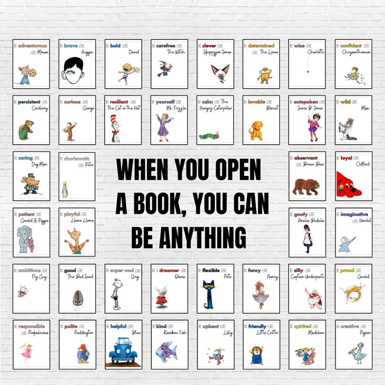 Op de afbeelding: Een kleurrijk diagram met de tekst "Wanneer je een boek opent, kun je alles zijn." Het diagram toont illustraties van populaire kinderboekfiguren, elk met een persoonlijkheidstrek en de titel van het boek waar ze uit komen.