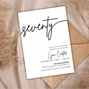 May include: A white invitation card with black text. The text reads "seventy" in a cursive font. The invitation is for a birthday celebration honoring Lynn Carter on December 1st, 2023 at 4:30 PM at The Restaurant, 1234 Party Blvd., Green Bay, WI. Please RSVP to Janet at 555-8888.