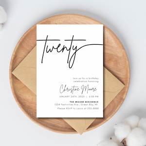 Minimalistische moderne 20e verjaardagsuitnodiging - Trendy twintig verjaardag - 20 draaien - Digitale uitnodiging - Bewerkbare sjabloon - Milestone Party