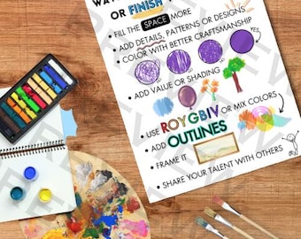 May include: An assortment of art supplies on a wooden surface. Includes a palette with mixed paint, paintbrushes, a notepad with paint, and a box of pastels. A poster with art tips is also visible.