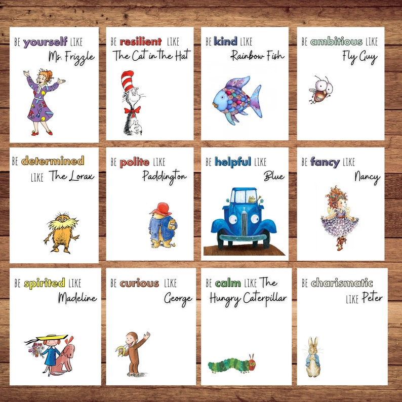 Op de afbeelding: Een set van 12 kleurrijke kaarten met illustraties van populaire kinderboekfiguren. Elke kaart heeft een positieve karaktereigenschap erop geschreven, zoals "wees jezelf" of "wees aardig".