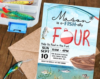 May include: A blue and white birthday invitation for a boy's 4th birthday party. The invitation features a fishing rod, a red and white fishing bobber, and a boat. The text on the invitation reads "Mason is o-FISH-ally FOUR. Help Us Reel in the Fun! Sun Sept 10 11AM-4PM The Black's House 1234 Trout Blvd. Green Bay, WI RSVP to Molly at 555-8888"