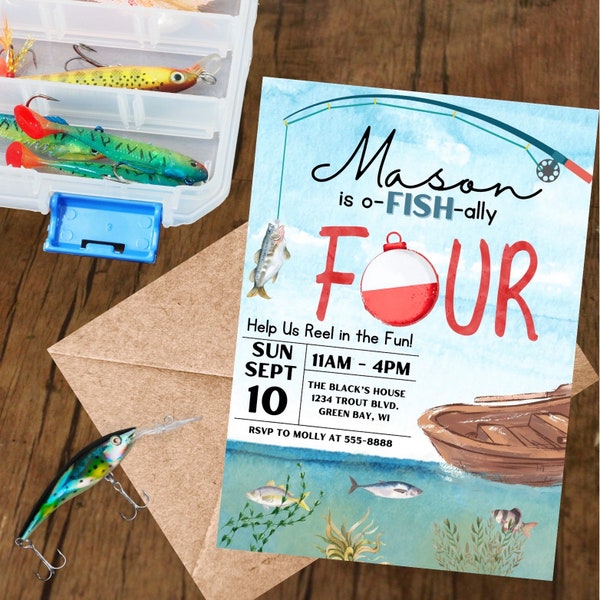Editable o-FISH-ally FOUR Birthday Invitation - Digital Invite - Fishing Birthday Template - 4th Birthday - Fish - Turning 4 - Fishing Theme