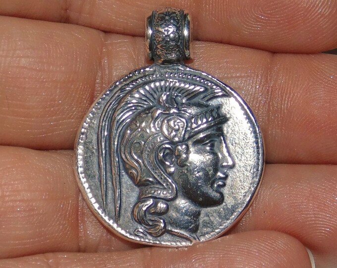 Ancient Greek Coin Athens Tetradrachm Head of Athena Goddess 925 Artisanal Copy Pendant Medallion Sterling Silver Jewelry Birthday Gift
