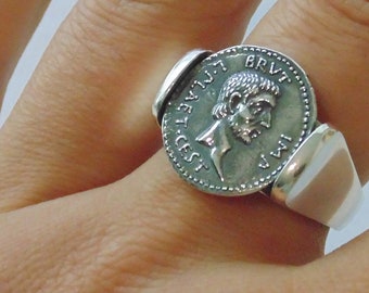 925 Sterling Silver Ring Signet Et tu, Brute? Brutus Men's Size 10 Roman Emperor Coin Brutus Julius Caesar Ring Birthday Gift For Him