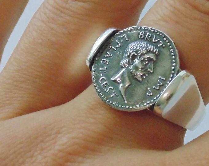 925 Sterling Silver Ring Signet Et tu, Brute? Brutus Men's Size 10 Roman Emperor Coin Brutus Julius Caesar Ring Birthday Gift For Him