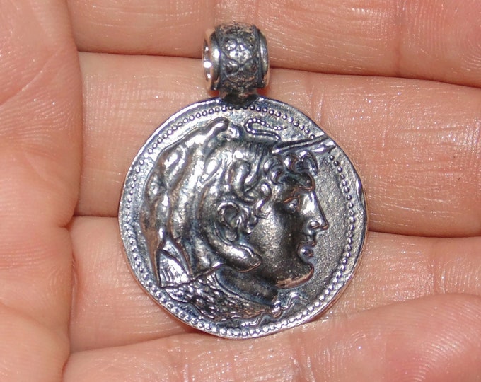 FABULOUS 925 Large Artisanal Copy of Ancient Greek Coin Alexander The Great Pendant Medallion Sterling Silver Jewelry Birthday Gift For Him