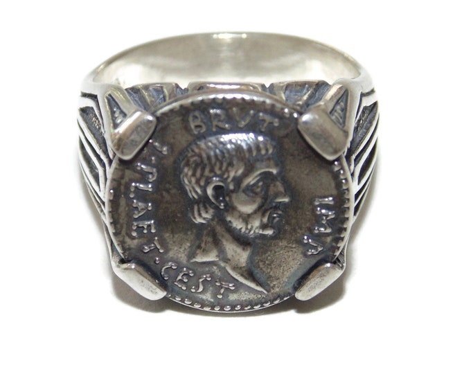 925 Men's Sterling Silver Ring Size 10 11 Rocker Biker Ring Signet Roman Ancient Coin Brutus Julius Caesar Et tu, Brute? Argent Gift For Him