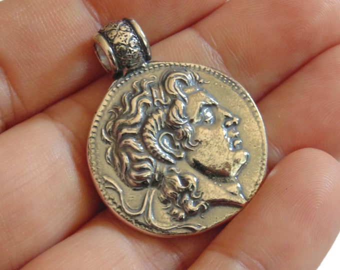 Ancient Greek Coin Alexander The Great Horns of Ammon Goddess Athena Artisanal Copy Pendant Medal Medallion Solid Sterling Silver Jewelry