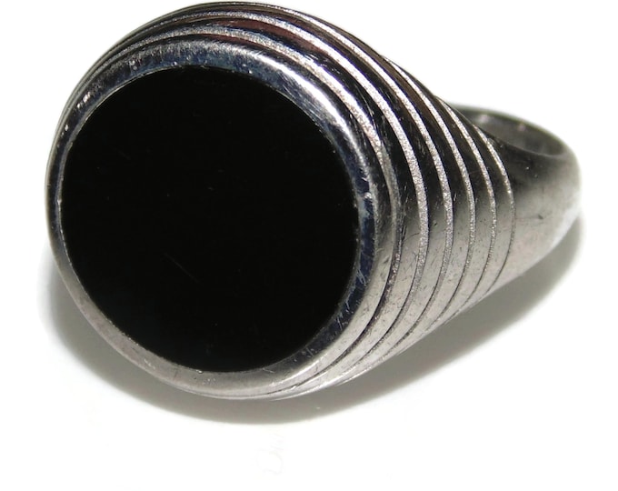 925 Mens Vintage Estate Ring Sterling Silver Statement Signet Onyx Inlay US Size 9 Jewelry Jewellery Birthday Gift For Him