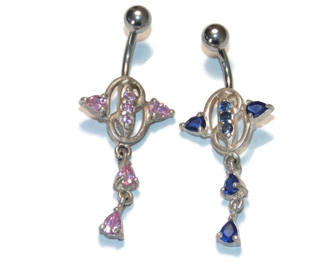 New Surgical Steel Naval Piercing Bar Sterling Silver Elements Blue Pink Crystal Rhinestones Belly Button Ring Dangle Drop Hypoallergenic