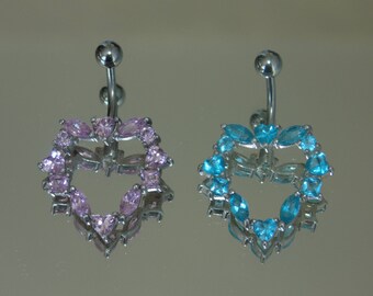 Sterling Silver Heart Belly Ring: Surgical Steel Bar, Pink/Blue Rhinestones