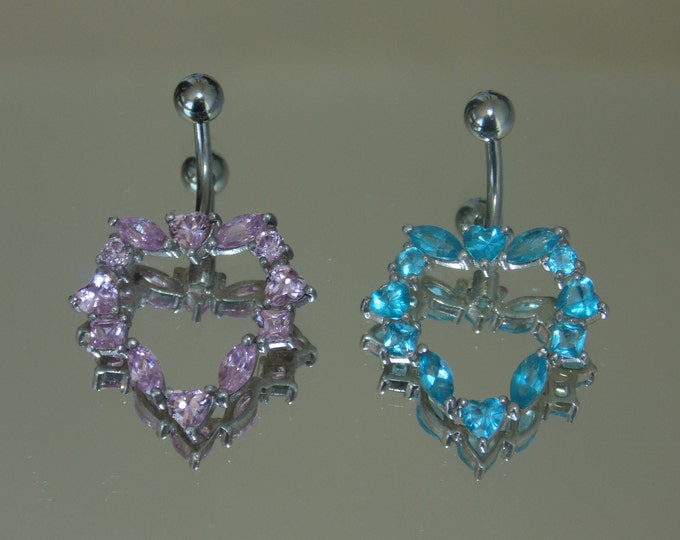 New Surgical Steel Naval Piercing Bar Sterling Silver Elements 925 Pink Blue Rhinestones Belly Button Ring Fixed Heart Hypoallergenic