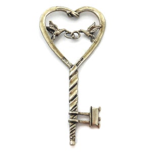 Vintage .900 Sterling Silver Heart Key Pendant: Doves & Rings, 3 Inch