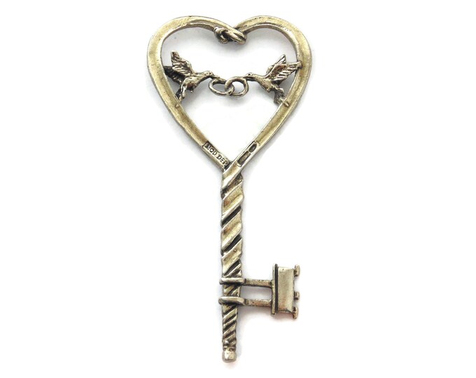 900 Amazing Vintage Estate Sterling Silver Pendant 3" Heart Love Key Newlyweds Mod Doves Wedding Rings Doves Hers His Gift For Couple