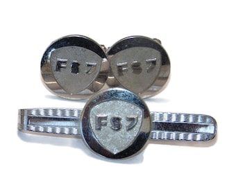 Mens Cuff links Tie Bar Vintage Estate Set Man CuffLinks Pin Silver Crest FSJ or FS7 Monogrammed Letters Jewelry Jewellery Gift For Him