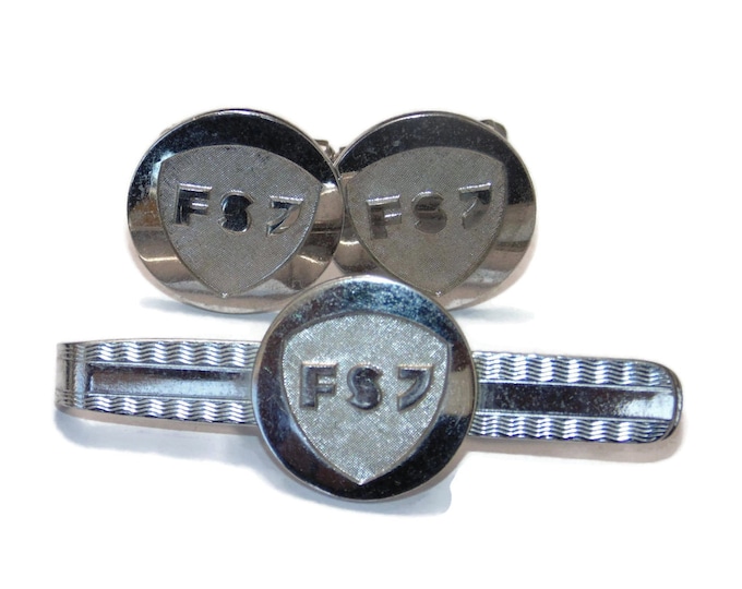 Mens Cuff links Tie Bar Vintage Estate Set Man CuffLinks Pin Silver Crest FSJ or FS7 Monogrammed Letters Jewelry Jewellery Gift For Him