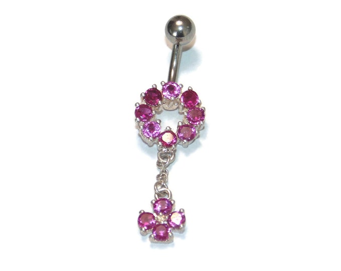 Sale New Hypoallergenic Surgical Steel Bar Sterling Silver Flower Crystal Rhinestones Belly Button Navel Ring Piercing Bar Pink Drop Dangle