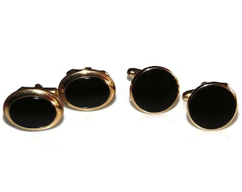 Vintage Gold Tone Cufflinks: 2 Sets Black Insert, Mens Jewelry