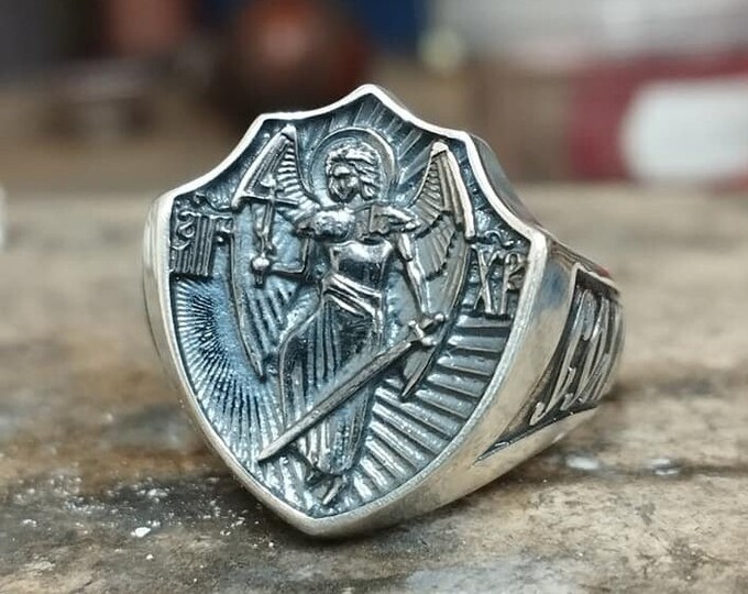 925 Sterling Silver Ring Men's Archangel Michael Sword Wings Angel Spasi Sohrani Prayer Orthodox Signet Protector Birthday Gift For Him