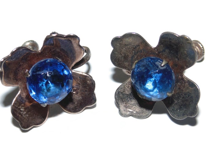 925 Antique Vintage Estate Sterling Silver Earrings Blue Stone Southwestern Flower Screw Back Jewelry Birthday Gift For Her