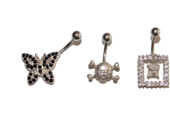 New Hypoallergenic Surgical Steel Bar Sterling Silver Crystal Rhinestones Long Belly Button Naval Ring Piercing Bar Butterfly Skull Square