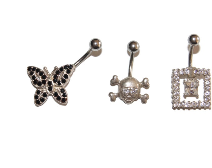 New Hypoallergenic Surgical Steel Bar Sterling Silver Crystal Rhinestones Long Belly Button Naval Ring Piercing Bar Butterfly Skull Square