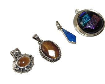 Vintage 925 Sterling Silver Pendant: Boho Tiger Eye, Lapis Lazuli & Glass Stone