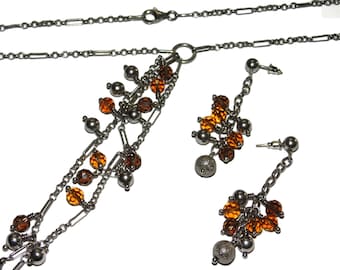 925 Vintage Estate Sterling Silver Necklace Earrings Set Modernist Amber Glass Ball Beads Dangle Pendant Chain Jewelry Birthday Gift For Her